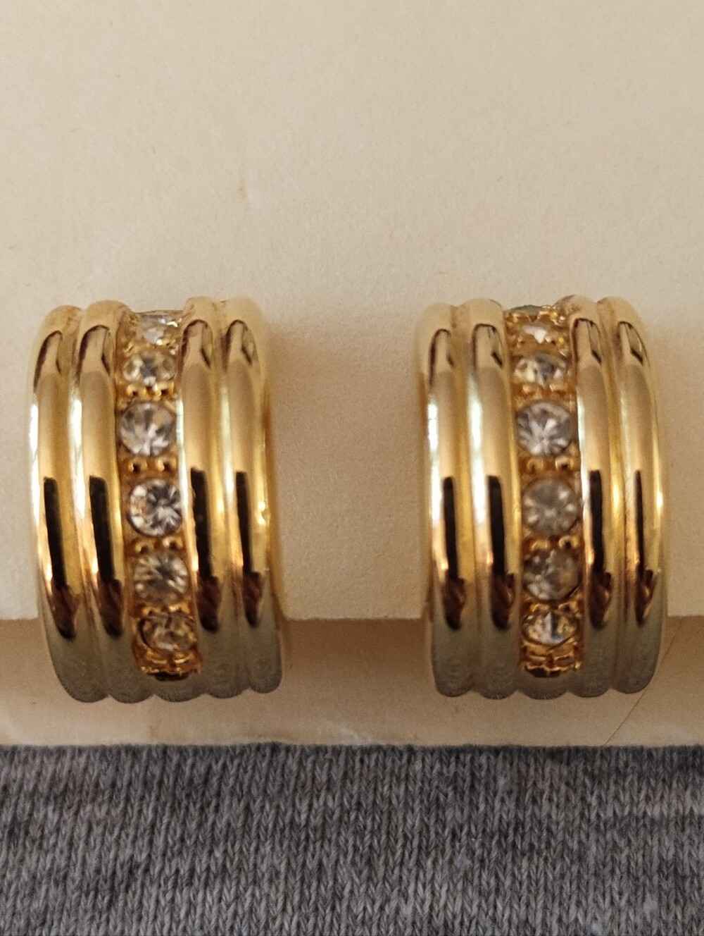 Vintage Joan Rivers Clip On Gold Tone Huggie Hoop Earrings - Crystal Rhinestones